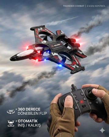 Uzaktan Kumandalı Uçak Dron Thunder Combat Kırmızı | 2.4Ghz 360 Derece Dönebilen | LED Işıklı | Otomatik İniş Kalkış Özellikli Kırmızı