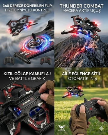 Uzaktan Kumandalı Uçak Dron Thunder Combat Kırmızı | 2.4Ghz 360 Derece Dönebilen | LED Işıklı | Otomatik İniş Kalkış Özellikli Kırmızı