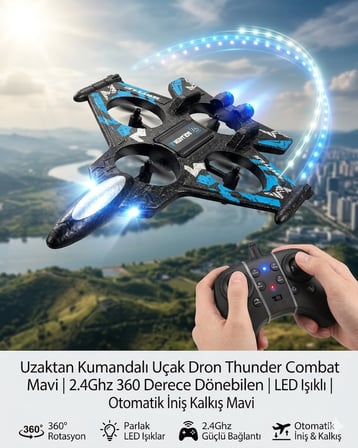 Uzaktan Kumandalı Uçak Dron Thunder Combat Mavi | 2.4Ghz 360 Derece Dönebilen | LED Işıklı | Otomatik İniş Kalkış Mavi
