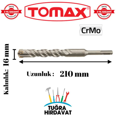 Tomax SDS Plus 16x210 mm 4 Elmaslı Beton ve Duvar Delme Matkap Ucu – CrMo