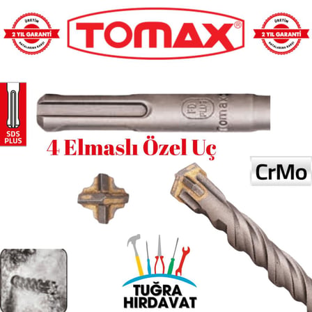 Tomax SDS Plus 16x210 mm 4 Elmaslı Beton ve Duvar Delme Matkap Ucu – CrMo