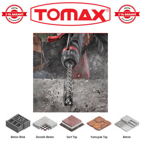Tomax SDS Plus 16x210 mm 4 Elmaslı Beton ve Duvar Delme Matkap Ucu – CrMo