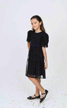 Kız Çocuk Tül Nakış Desenli Yazlık  Siyah Elbise