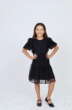 Kız Çocuk Tül Nakış Desenli Yazlık  Siyah Elbise