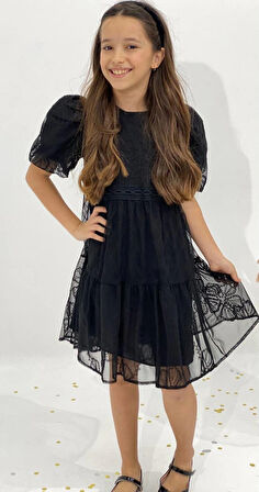 Kız Çocuk Tül Nakış Desenli Yazlık  Siyah Elbise