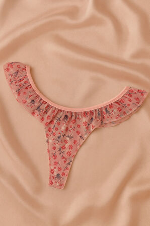 Pudra Çiçek Desenli Fırfırlı Tül Sütyen Külot Takımı