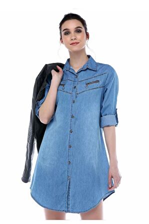 Sıralı Taş Şeritli ve Fermuarlı Açık Mavi Kadın Tunik