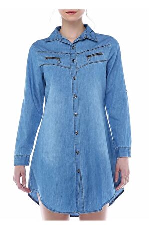 Sıralı Taş Şeritli ve Fermuarlı Açık Mavi Kadın Tunik