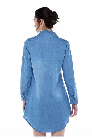 Sıralı Taş Şeritli ve Fermuarlı Açık Mavi Kadın Tunik