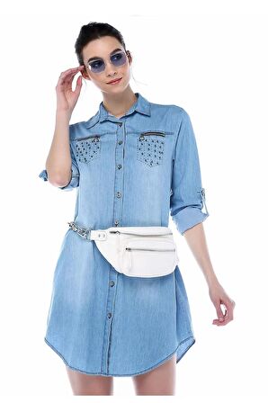 Fermuarlı ve İncili Açık Mavi Kadın Tunik