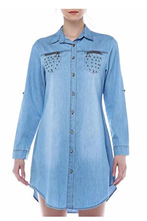 Fermuarlı ve İncili Açık Mavi Kadın Tunik