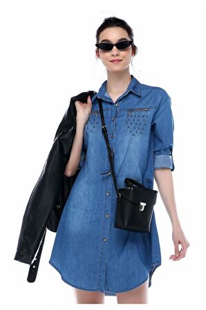 Fermuarlı ve İncili Koyu Mavi Kadın Tunik