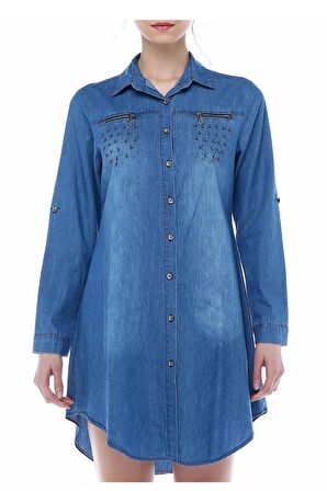 Fermuarlı ve İncili Koyu Mavi Kadın Tunik