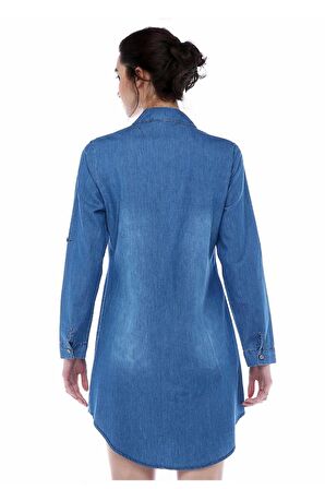 Fermuarlı ve İncili Koyu Mavi Kadın Tunik
