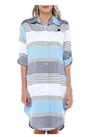 Nakış Detaylı Çizgili Gri Mavi Kadın Tunik