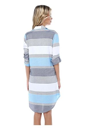 Nakış Detaylı Çizgili Gri Mavi Kadın Tunik