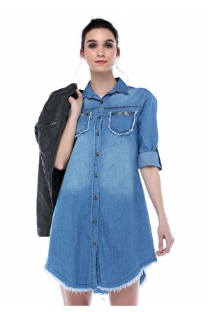 Cep ve Etek Püsküllü Sıra Taşlı Açık Mavi Kadın Tunik