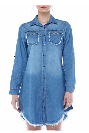 Cep ve Etek Püsküllü Sıra Taşlı Açık Mavi Kadın Tunik