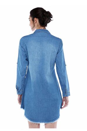 Cep ve Etek Püsküllü Sıra Taşlı Açık Mavi Kadın Tunik