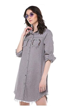 Püsküllü Cepleri Sütun Taşlı Kahve Kadın Keten Tunik