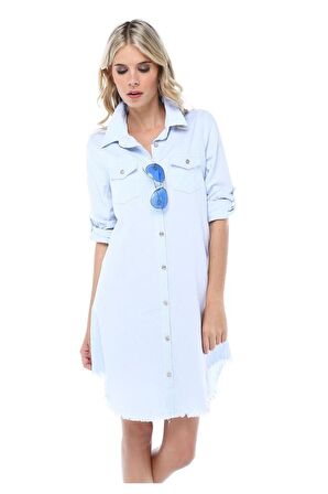 Kenarları Saçaklı Kolları Katlanabilir Buz Mavisi Kadın Keten Tunik