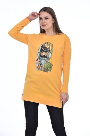 Bisiklet Yaka Uzun Kollu Kadın Baskılı Hardal Kadın Tunik