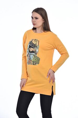 Bisiklet Yaka Uzun Kollu Kadın Baskılı Hardal Kadın Tunik