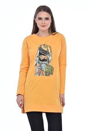 Bisiklet Yaka Uzun Kollu Kadın Baskılı Hardal Kadın Tunik