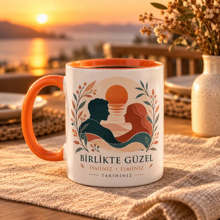 Kişiselleştirilebilir Sevgiliye Özel İsimli ve Tarihli Turuncu İç Kulplu Porselen Kupa 300 ml – Romantik Çift Hediyesi