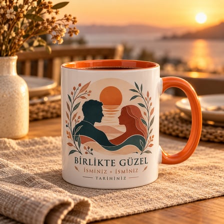 Kişiselleştirilebilir Sevgiliye Özel İsimli ve Tarihli Turuncu İç Kulplu Porselen Kupa 300 ml – Romantik Çift Hediyesi