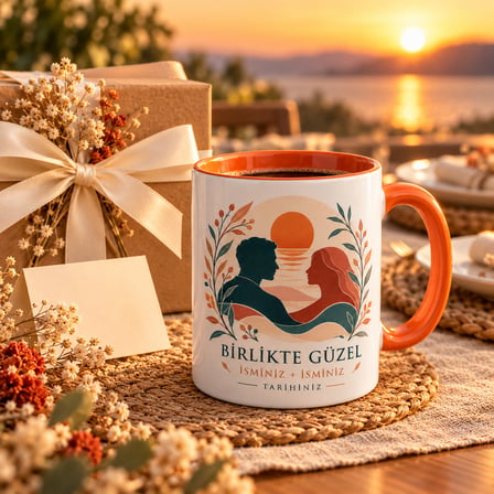 Kişiselleştirilebilir Sevgiliye Özel İsimli ve Tarihli Turuncu İç Kulplu Porselen Kupa 300 ml – Romantik Çift Hediyesi