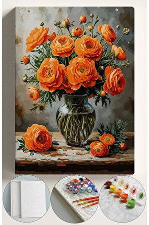 Sayılarla Boyama Seti Numaralı Tuval Fırça Boya 40x50 Cm - Turuncu Güller