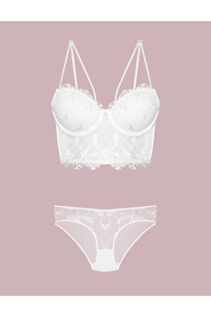 Kadın Ekru Dantelli Ipli Destekli Büstiyer Takımı 4491