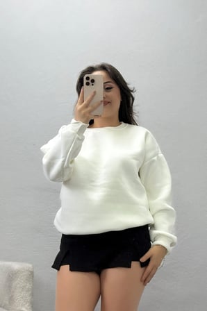 Kadın Bisiklet Yaka Üç İplik Sweat Ekru
