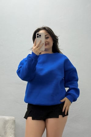 Kadın Bisiklet Yaka Üç İplik Sweat Saks