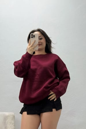 Kadın Bisiklet Yaka Üç İplik Sweat Bordo