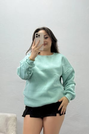 Kadın Bisiklet Yaka Üç İplik Sweat Çağla