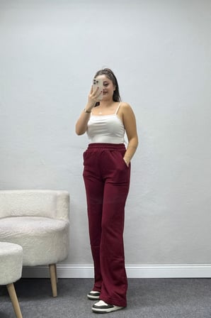 Kadın 3 İplik Şardonsuz Bol Paça Model Eşofman Altı Bordo