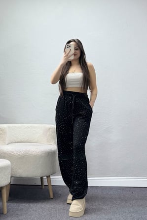 Kadın Modal Kumaş Taşlı Eşofman Altı Siyah