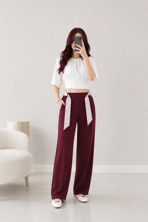 Kadın Modal Kumaş Kemerli Pantolon Bordo