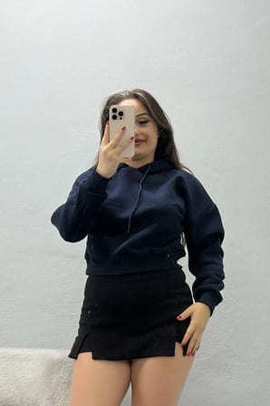 Kadın 3 İplik Kapşonlu Crop Sweat Lacivert