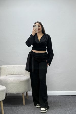 Kadın Modal Kuşak Detaylı Takım Siyah