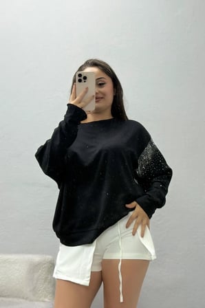 Kadın Kolları Taş Detay Modal Sweat Siyah
