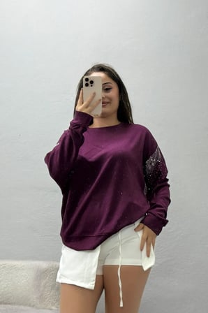 Kadın Kolları Taş Detay Modal Sweat Mürdüm