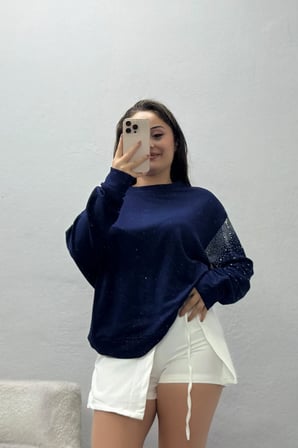 Kadın Kolları Taş Detay Modal Sweat Lacivert