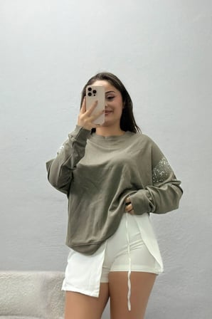Kadın Kolları Taş Detay Modal Sweat Haki