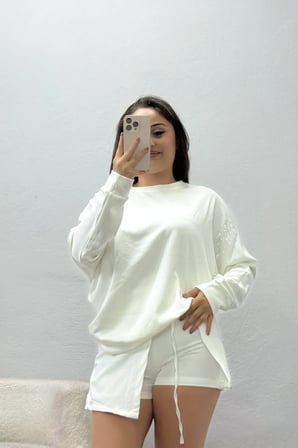 Kadın Kolları Taş Detay Modal Sweat Beyaz