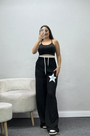 Kadın Yıldız Baskılı Modal Eşofman Altı Siyah Beyaz