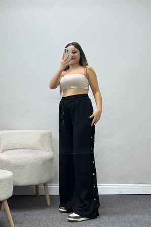 Kadın Büzgülü Bel Yanları Çıtçıtlı Modal Pantolon Siyah