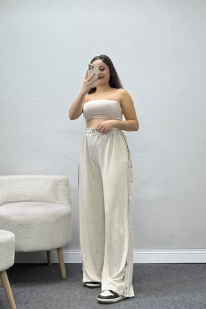 Kadın Büzgülü Bel Yanları Çıtçıtlı Modal Pantolon Taş